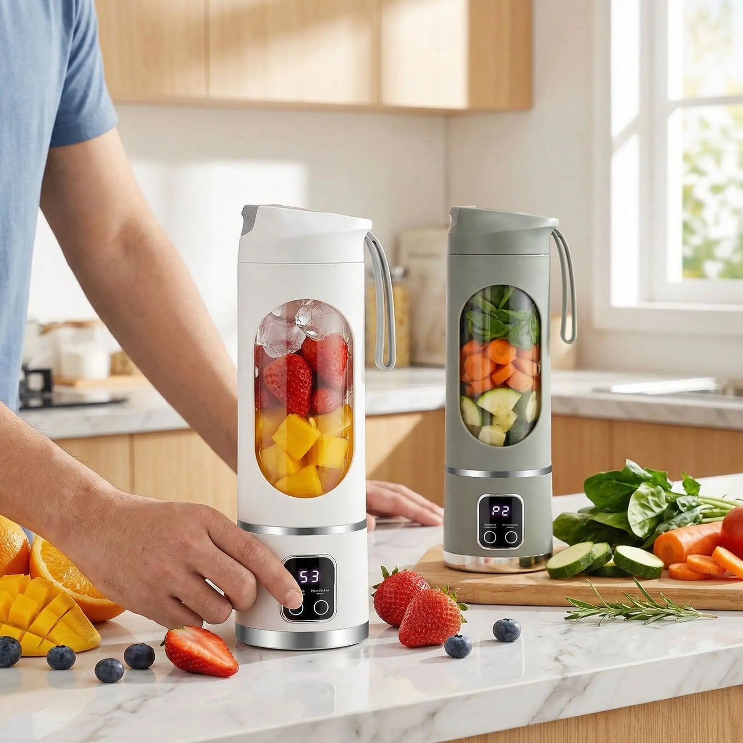 homme prepare boisson fruits soupe legumes mini mixeur portable