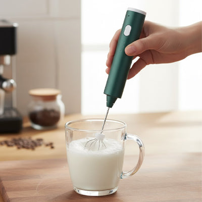 mousseur a lait vert mousse dans tasse sur comptoir