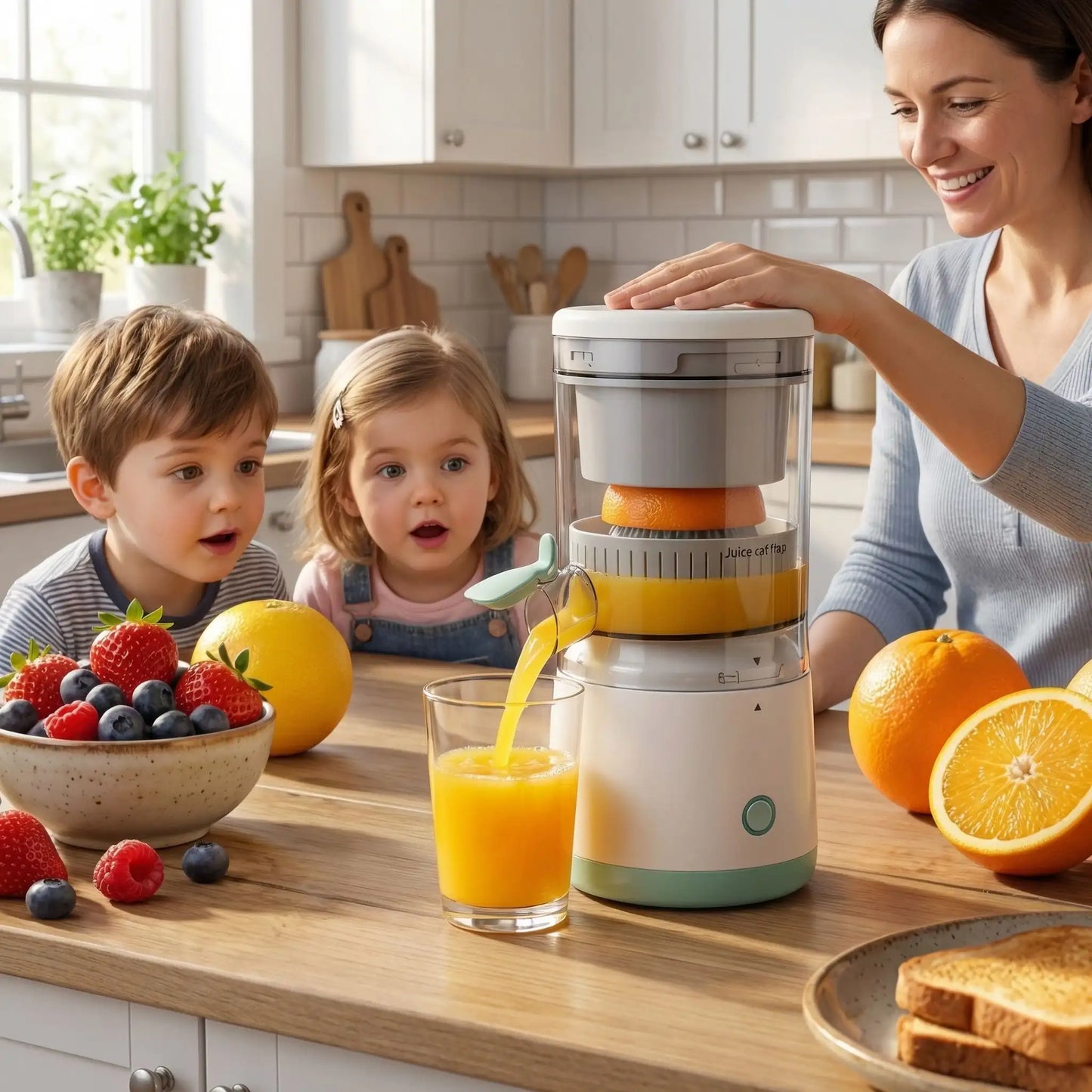 enfants regarde maman faire jus presse agrumes electrique