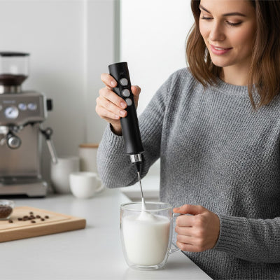 femme comptoir prepare lait avec mousseur a lait electrique
