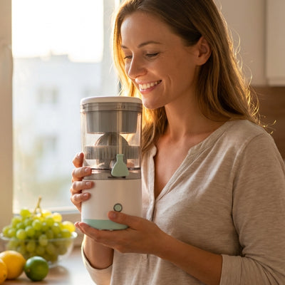femme heureuse avec presse agrumes électrique