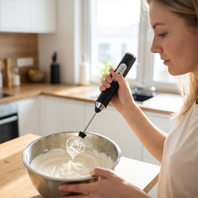femme mousse blanc oeuf avec mousseur a lait