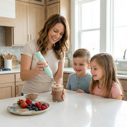 femme mousse lait chocolat avec mousseur a lait les enfants regardent