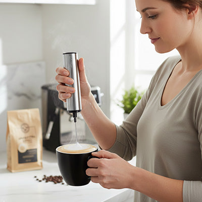 femme mousse lait dans tasse avec mousseur a lait
