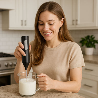 femme mousse son lait dans tasse avec mousseur a lait