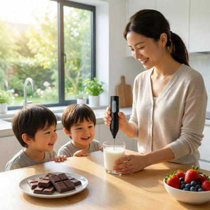 femme prepare lait 2 enfants avec mousseur a lait