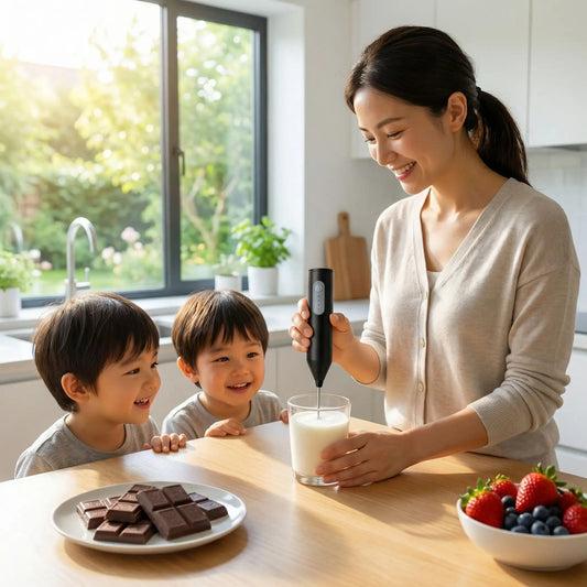 femme prepare lait 2 enfants avec mousseur a lait
