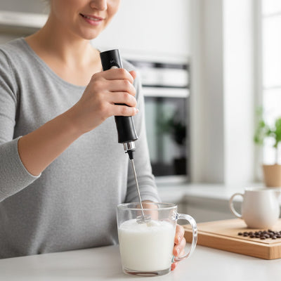 femme prepare lait avec mousseur a lait electrique