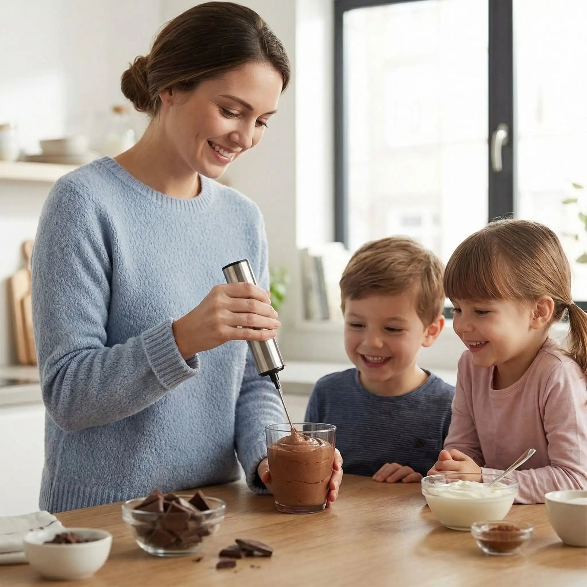 femme prepare mousse chocolat avec mousseur a lait