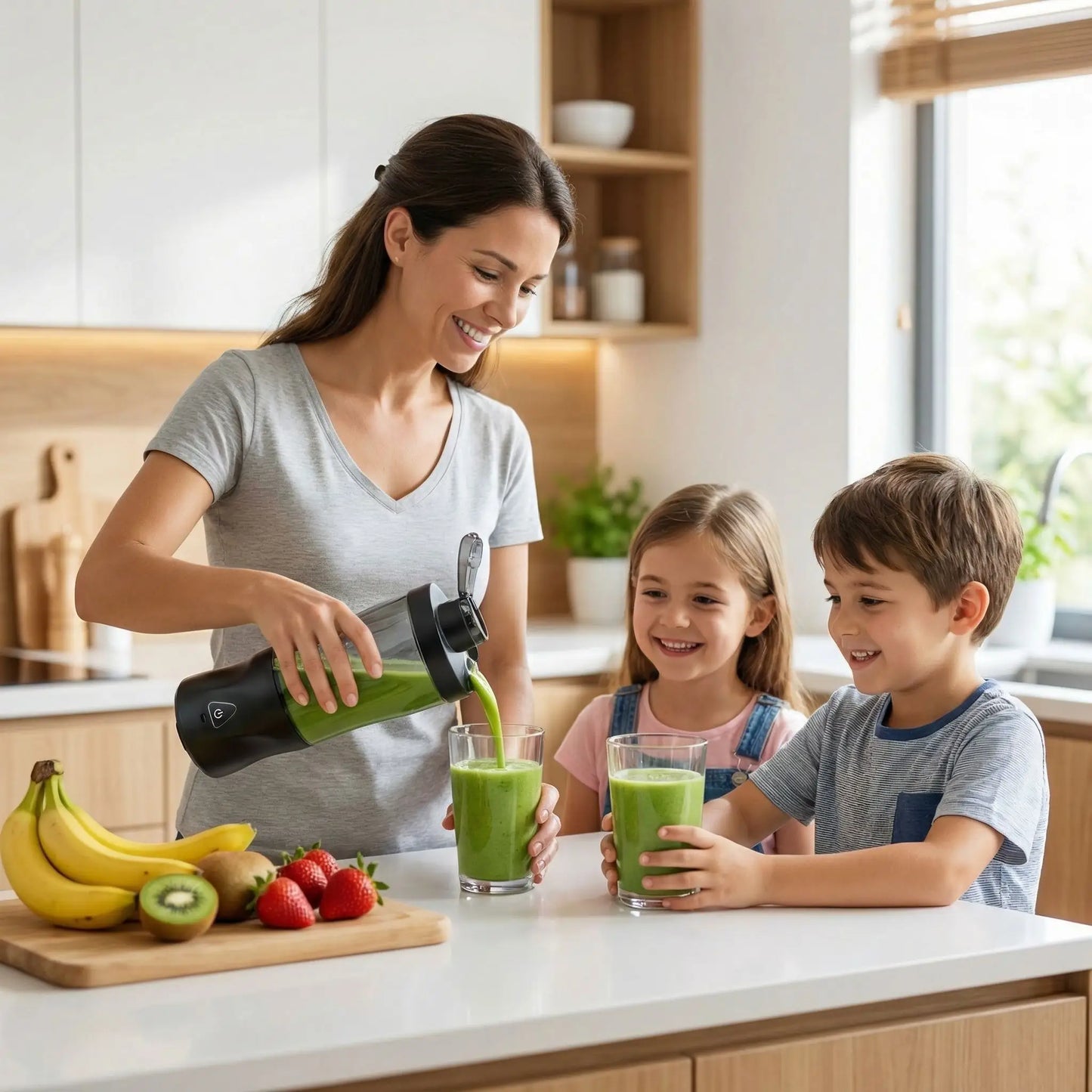 femme verse smoothies enfants avec mini mixeur presse agrumes