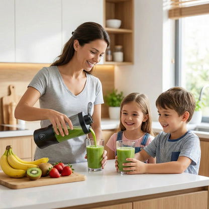 femme verse smoothies enfants avec mini mixeur presse agrumes