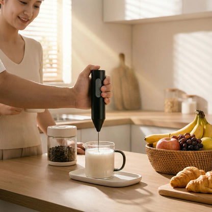 homme mousse lait dans tasse avec mousseur a lait