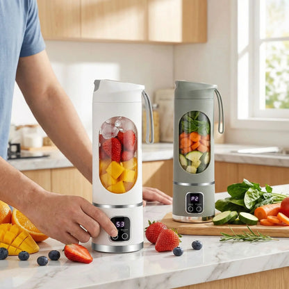 homme prepare boisson fruits soupe legumes mini mixeur portable