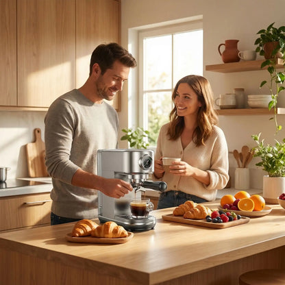 homme prepare cafe avec machine a cafe expresso