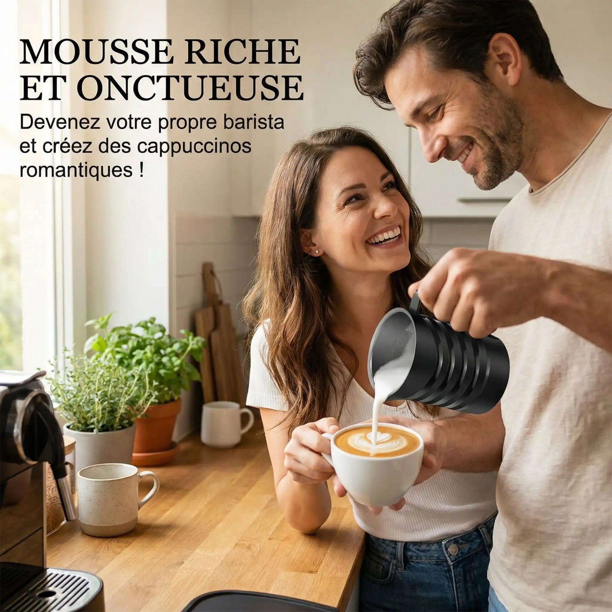 homme prepare capuccino mousseur a lait 4 en 1 pour sa femme