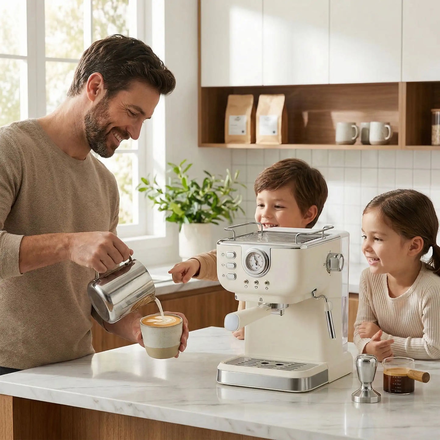 machine cafe grain homme deux enfants