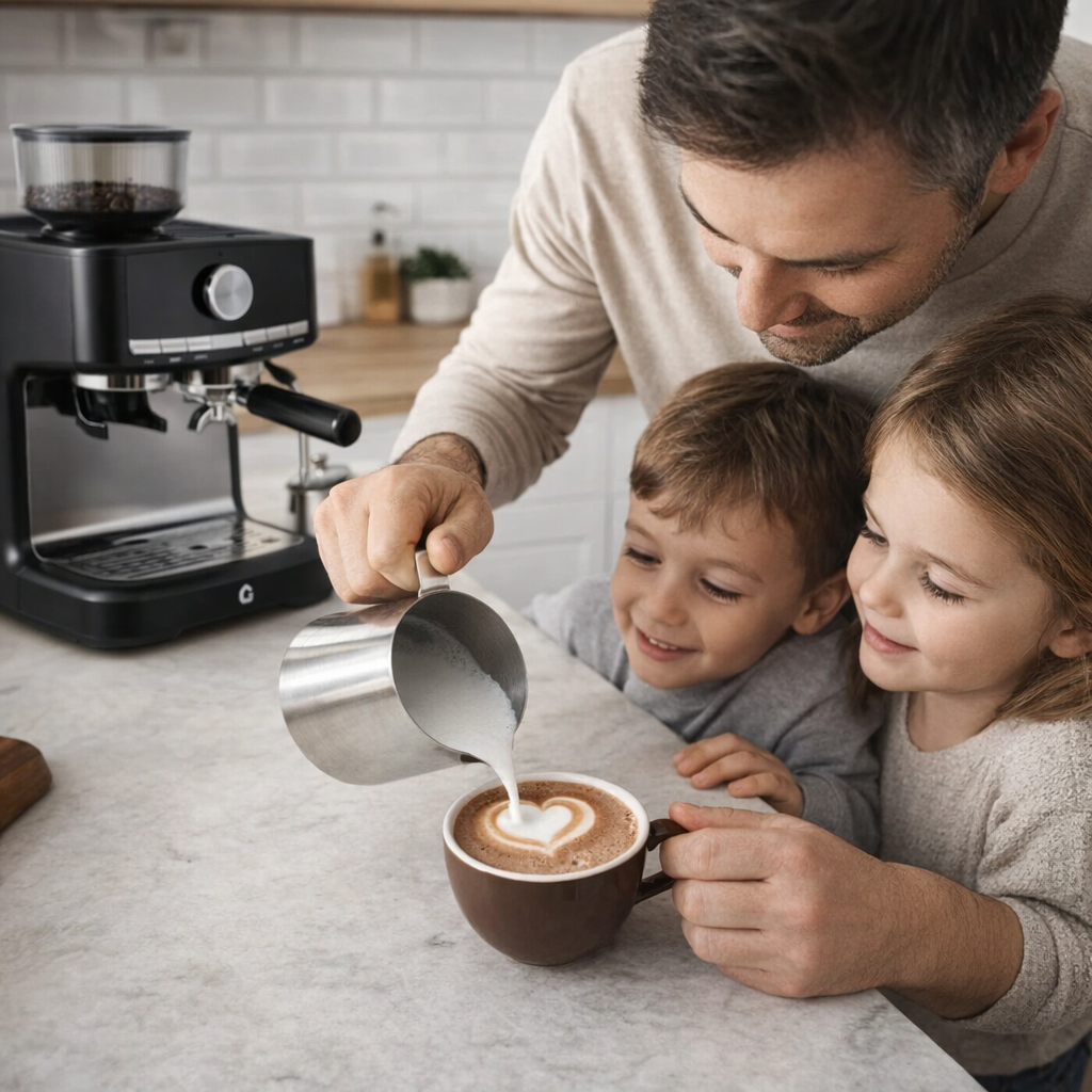 machine cafe grain homme verse lait moussant
