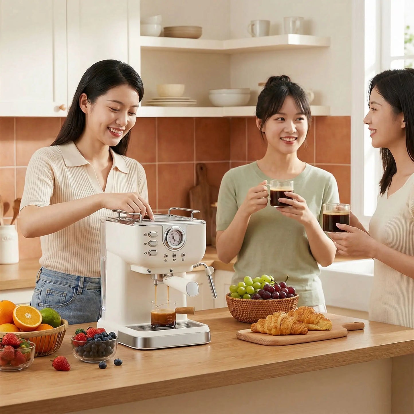 machine cafe grain trois femmes au comptoir