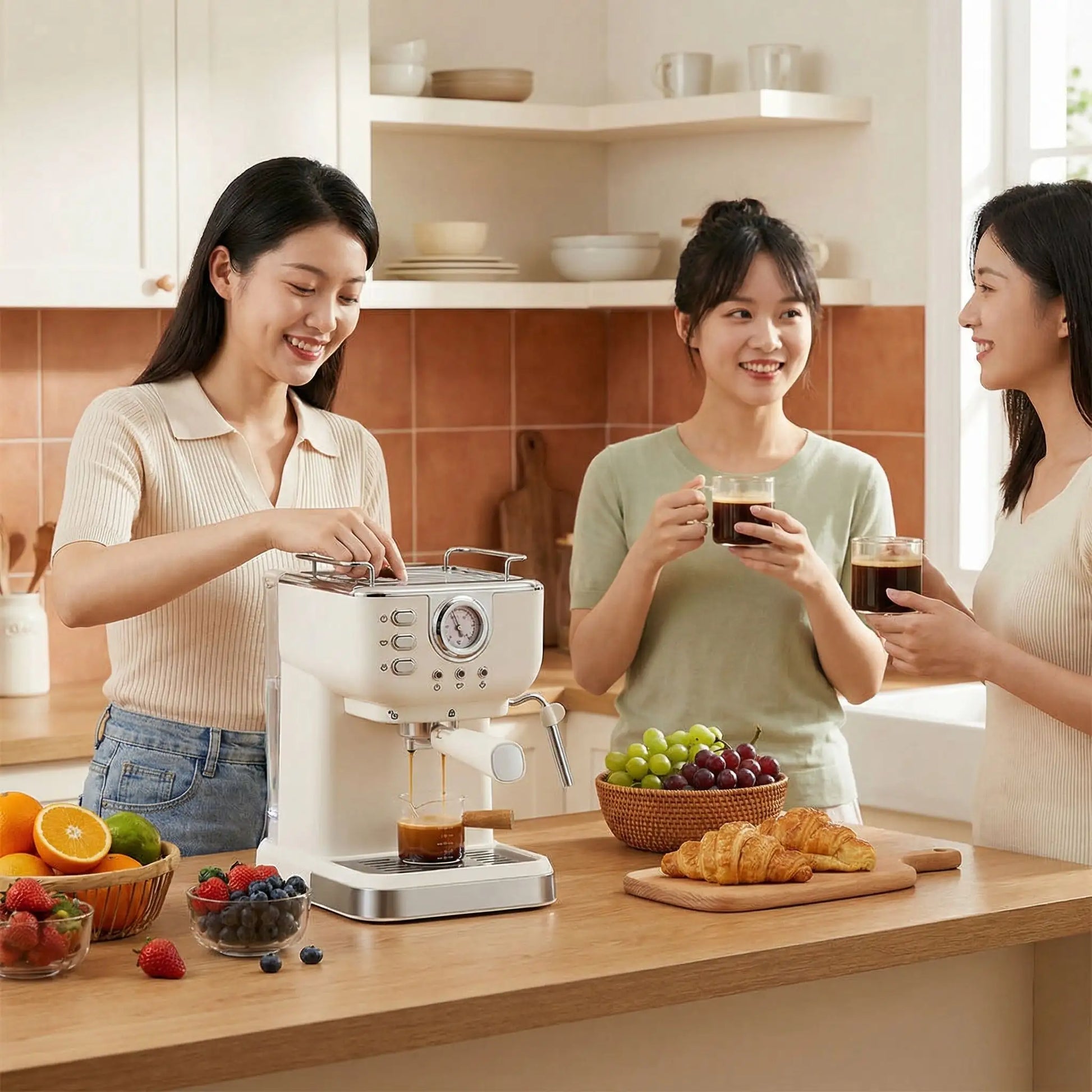machine cafe grain trois femmes au comptoir
