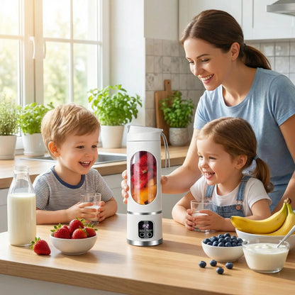 maman 2 enfants prepare smoothies avec mini mixeur protable