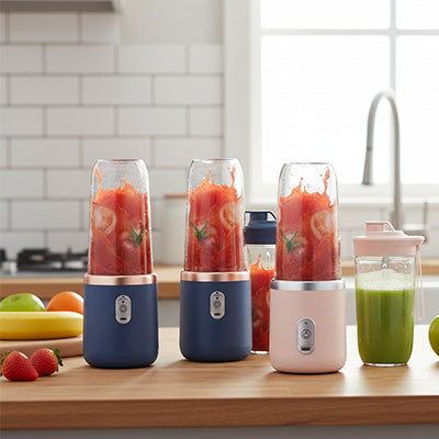 mixeur portable sur comptoir bleu rose