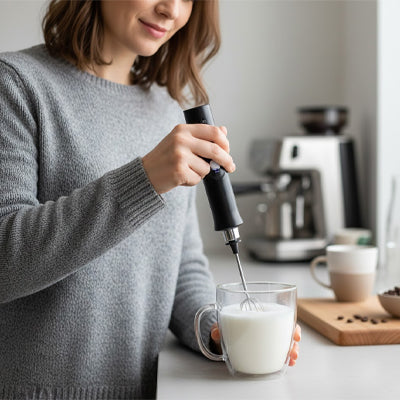 mousseur a lait electrique comptoir cafetiere arriere plan
