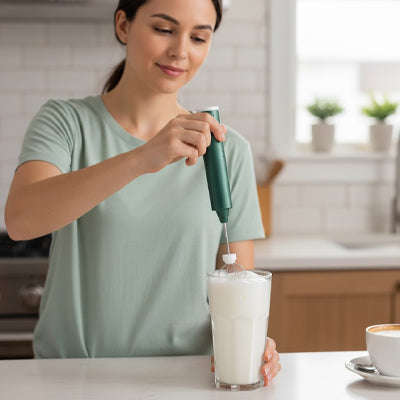 mousseur a lait vert femme prepare mousse dans grand verre